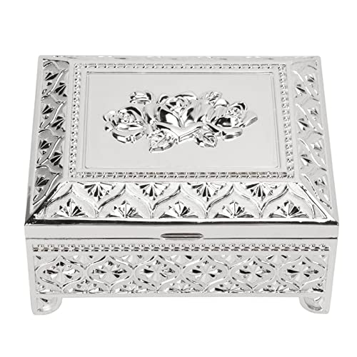 MUNEFE Kleine Metall-Schmuckschatulle, Schmuckaufbewahrungsorganisator, Vintage-Rosenmuster, Schmuckaufbewahrungsbox Für Frauen Und Mädchen(Silber) von MUNEFE