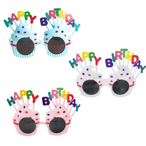 MUNSKT 3 Stück Geburtstagsbrillen, Happy Sonnenbrille, Cupcake-Foto-Requisiten, Party-Dekorationen von MUNSKT