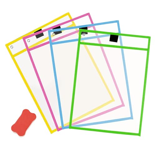 4 Stück wiederverwendbare, trocken abwischbare Taschen, durchsichtige Zeichenund Schreibtafel-Tasche, Kunststoff-Papierhalter, leicht zu ladende Hülle von MUNSKT