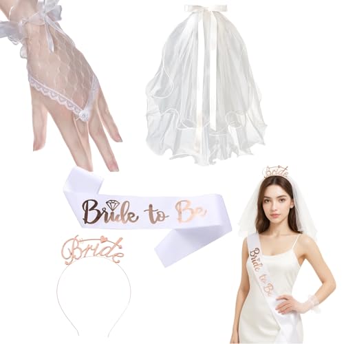MUNSKT 4-teiliges Set aus Roségold, Schleier, Haarband, Tiara, Handschuhe aus Spitze, perfekt für Single-Partys, Shower und Hochzeitsdekoration, Schleifendetails und elegantes Design MUNSKT 4-teiliges Set aus Roségold, Schleier, Haarband, Tiara, Handschuhe aus Spitze, perfekt für Single-Partys, Shower und Hochzeitsdekoration, Schleifendetails und elegantes Design von MUNSKT