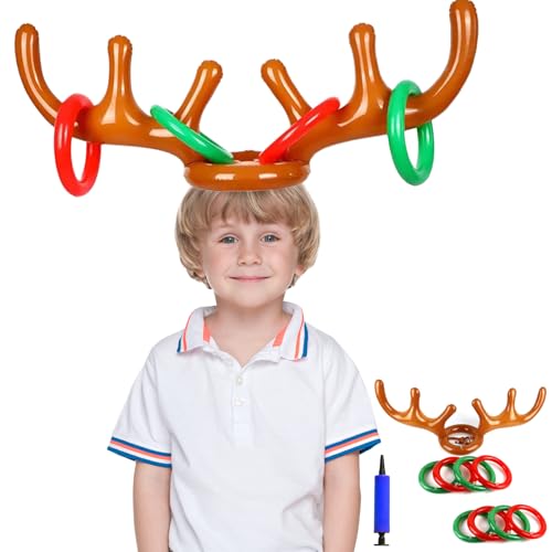 MUNSKT Aufblasbarer Hut, Karibuhorn, 1 aufblasbares Horn, 8 Wurfhirschringe, 1 Pumpe, lustige Weihnachtsspiele für die Familie, Weihnachtsfeier für die Familie, Weihnachten, perfekt für Spiele von MUNSKT