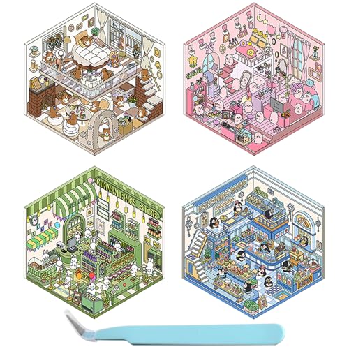 MUNSKT DIY 3D House Stickers, 4 Stück 3D Sticker Scene,Sticker Therapy,Spass DIY Aufkleber Szene(Pinguin-Eiscreme-Hütte, Kaffee-Katzen-Loft, Hasen-Loft, Rosa Hütte） von MUNSKT