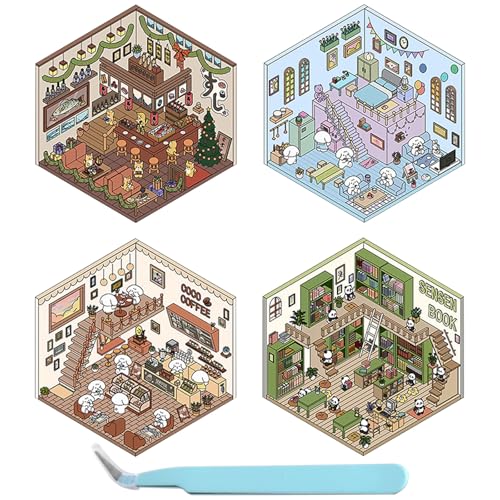 MUNSKT DIY 3D House Stickers, 4 Stück 3D Sticker Scene,Sticker Therapy,Spass DIY Aufkleber Szene(Sushi Laden,Coco Kaffee,Sensen Buch,Loft Wohnung) von MUNSKT