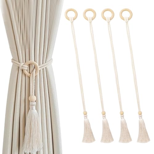 4 Stück Vorhang Raffhalter 73cm, MUNTE Raffhalter für Gardinen Beige, Vorhanghalter mit Holzring Und Quaste, Geeignet für Wohnzimmer, Badezimmer, Schlafzimmer von MUNTE