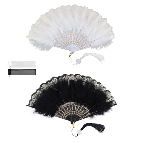 MUNTE Fächer Feder, 2 Stück Faltbar Fächer Vintage, Retro Handfächer, Schwarz-Weißer Federfächer mit Quasten-Design für Hochzeiten, Bankette, Bälle MUNTE Fächer Feder, 2 Stück Faltbar Fächer Vintage, Retro Handfächer, Schwarz-Weißer Federfächer mit Quasten-Design für Hochzeiten, Bankette, Bälle von MUNTEA