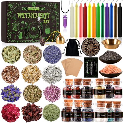 MUOIVG XL Starter Witch Kit Witchcraft Kit, Kerzen Kleine,Trockenblumen,Kristallen,Messlöffel,Pergamentpapier,Getrommelte Edelstein-Kristallchips für Chimes,Magie,Hexerei,wünsch dir was,Rituale MUOIVG XL Starter Witch Kit Witchcraft Kit, Kerzen Kleine,Trockenblumen,Kristallen,Messlöffel,Pergamentpapier,Getrommelte Edelstein-Kristallchips für Chimes,Magie,Hexerei,wünsch dir was,Rituale von MUOIVG