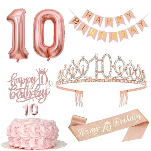 10 Geburtstag Mädchen Deko, 10. Geburtstagskrone und Schärpe, Happy Birthday Banner, Tortendeko und Kerzen, Roségold Folienballon 10, Geburtstagsgeschenk für 10 Jahre Mädchen von MURISE