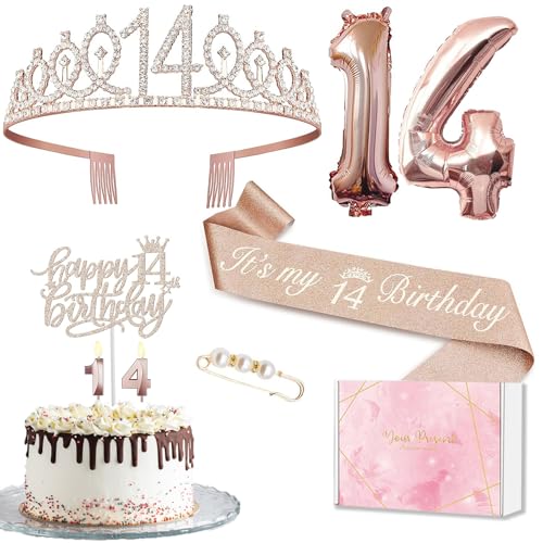 14 Geburtstag Mädchen Deko, 14. Geburtstagskrone und Schärpe, Tortendeko Geburtstag und Kerzen, Roségold Folienballon 14, 14. Geschenk für Mädchen zum Geburtstagsparty Supplies 14 Geburtstag Mädchen Deko, 14. Geburtstagskrone und Schärpe, Tortendeko Geburtstag und Kerzen, Roségold Folienballon 14, 14. Geschenk für Mädchen zum Geburtstagsparty Supplies von MURISE