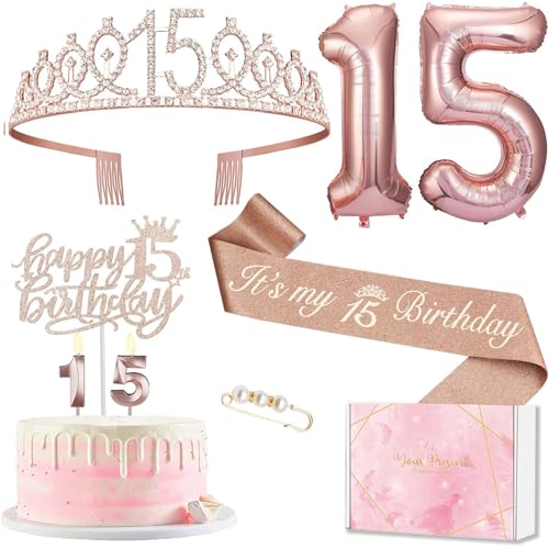 15 Geburtstag Mädchen Deko, 15. Geburtstagskrone und Schärpe, Tortendeko Geburtstag und Kerzen, Roségold Folienballon 15, 15. Geschenk für Mädchen zum Geburtstag Party Deko Supplies 15 Geburtstag Mädchen Deko, 15. Geburtstagskrone und Schärpe, Tortendeko Geburtstag und Kerzen, Roségold Folienballon 15, 15. Geschenk für Mädchen zum Geburtstag Party Deko Supplies von MURISE