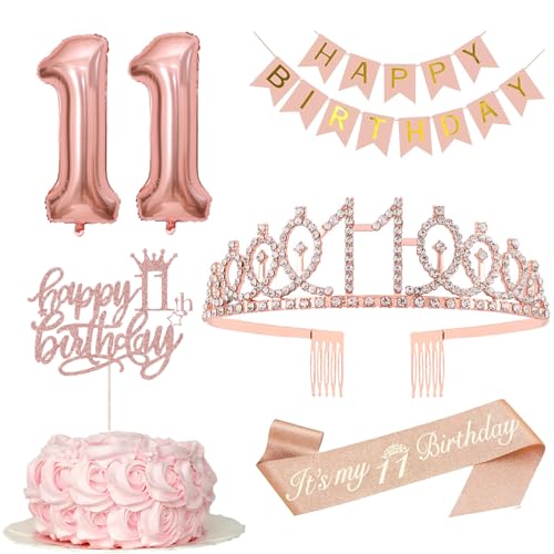 Deko 11 Geburtstag Mädchen, 11. Geburtstagskrone und Schärpe, Happy Birthday Banner, Tortendeko und Kerzen, Roségold Folienballon 11, Geburtstagsgeschenk für 11 Jahre Mädchen von MURISE