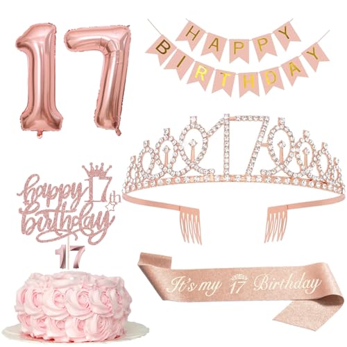 Deko 17 Geburtstag Mädchen, 17. Geburtstagskrone und Schärpe, Happy Birthday Banner, Tortendeko und Kerzen, Roségold Folienballon 17, Geburtstagsgeschenk für 17 Jahre Mädchen von MURISE
