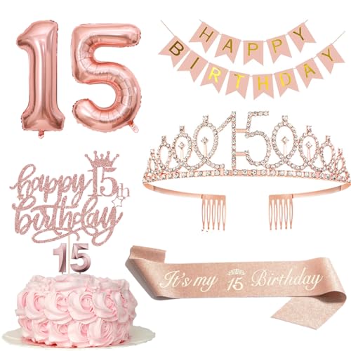 Geburtstagsdeko 15 Jahre Mädchen, 15. Geburtstagskrone und Schärpe, Happy Birthday Banner, Tortendeko und Kerzen, Roségold Folienballon 15, Geburtstagsgeschenk für 15 Jahre Mädchen von MURISE