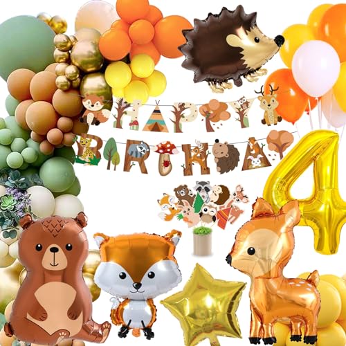 4 Geburtstag Deko Junge Mädchen,Kindergeburtstag Deko,Geburtstagsdeko 4 Jahr,Waldtiere Dschungel Geburtstag Deko,Orange Braun Luftballon mit Happy Birthday von MUSELK