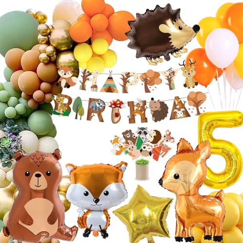 5 Geburtstag Deko Junge Mädchen,Kindergeburtstag Deko,Geburtstagsdeko 5 Jahr,Waldtiere Dschungel Geburtstag Deko,Orange Braun Luftballon mit Happy Birthday von MUSELK