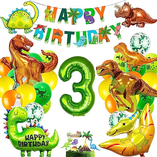 Dino Geburtstag Deko Set, 3 Geburtstag Junge,XXL Dinosaurier Folienballon,Jungle Geburtstagsdeko 3 Jahr Junge,Luftballons Grün für Dinosaurier Party Dekoration Dschungel Party Kinder von MUSELK