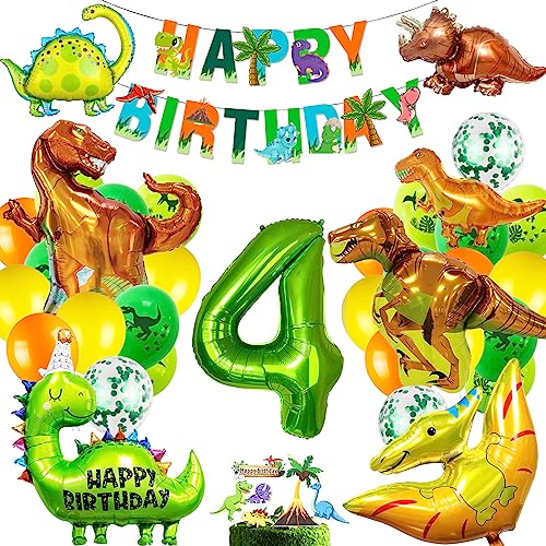 Dino Geburtstag Deko Set, 4 Geburtstag Junge,XXL Dinosaurier Folienballon,Jungle Geburtstagsdeko 4 Jahr Junge,Luftballons Grün für Dinosaurier Party Dekoration Dschungel Party Kinder von MUSELK
