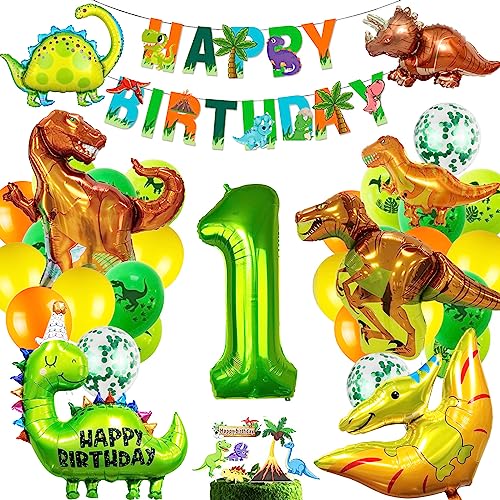Dino Geburtstag Deko 1 Jahre, 1.Geburtstag Junge,Deko Dinosaurier Geburtstag,Dino Party Kindergeburtstag,XXL Dino Folienballon,Luftballons Grün für Dinosaurier Party Dekoration Dschungel Party Kinder von MUSELK