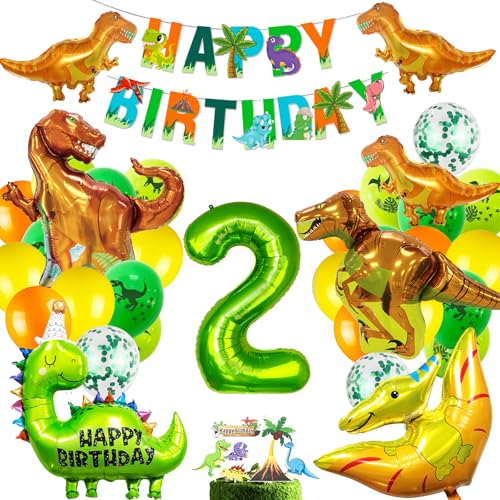 Dino Geburtstag Deko Set, 2 Geburtstag Junge,XXL Dinosaurier Folienballon,Jungle Geburtstagsdeko 2 Jahre Junge,Luftballons Grün für Dinosaurier Party Dekoration Dschungel Party Kinder von MUSELK