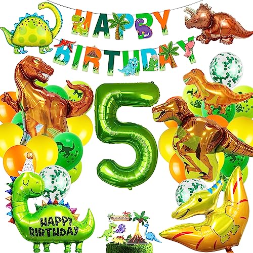XXL Dinosaurier Geburtstag Deko Set, Geburtstagsdeko 5 Jahr Jungen,Happy Birthday Girlande Luftballons Grün für Dinosaurier Party Dekoration Dschungel Party Kinder von MUSELK