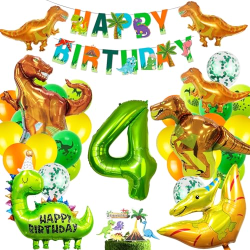 Dinosaurier-Geburtstagsparty-Dekorationsset, Geburtstagsparty-Zubehör, 4 Jahre alt für Jungen und Mädchen, inklusive Luftballons, Folienballons, Banner, Tortenaufsatz Dinosaurier-Geburtstagsparty-Dekorationsset, Geburtstagsparty-Zubehör, 4 Jahre alt für Jungen und Mädchen, inklusive Luftballons, Folienballons, Banner, Tortenaufsatz von MUSELK