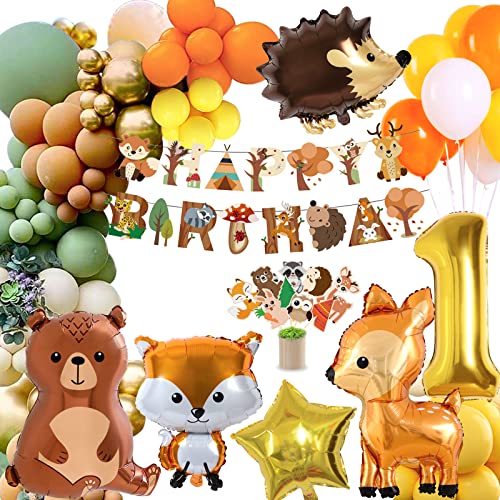 1 Geburtstag Deko Junge Mädchen,Kindergeburtstag Deko,Geburtstagsdeko 1 Jahr,Waldtiere Dschungel Geburtstag Deko,Orange Braun Luftballon mit Happy Birthday Banner,Kuchendeckel von MUSELK