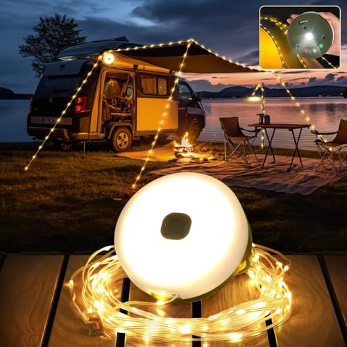 MUSUNIA Campinglampe Lichterkette Aufrollbar, 10M LED Camping Lichterkette Tragbare, USB Wiederaufladbare Wasserdichte Campinglampe Lichterkette für draußen oder fürs Campen (Warmes Licht) von MUSUNIA