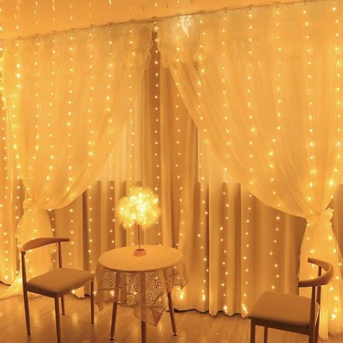 MUSUNIA Lichterkette innen lichtervorhang USB 2X2M 200led lichterkette, Lichtervorhang Fenster mit 10 Haken für Schlafzimmer Fenster Party (warmweiß) von MUSUNIA