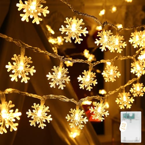 MUSUNIA Schneeflocke Lichterketten, 5M 50LED Batteriebetriebene mit Timer für Valentinstag Weihnachten Hochzeit Geburtstag Party Schlafzimmer Indoor (Warm White) von MUSUNIA