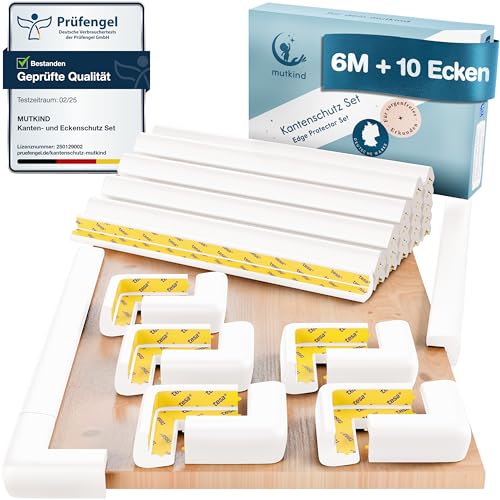 MUTKIND Kantenschutz Baby (6 Meter mit Kleber von TESA) - Extra starker Halt - Eckenschutz Kantenschutz Selbstklebend mit vorinstalliertem Klebetape - inkl. 10x Eckenschutz Baby - Weiß von MUTKIND