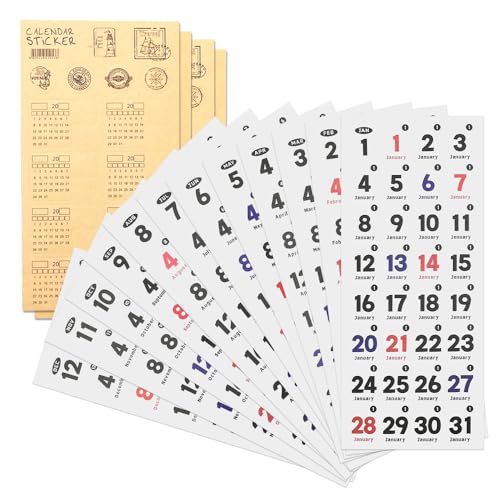 MUWINC Journaling Zubehör-16 Blätter Sticker Kalender,365 Tage Aufkleber Selbstklebende,Sticker-Zubehör Für Planer, Kalender Und Notizbücher (2 Stile) von MUWINC