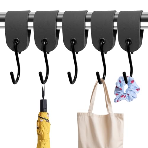 MUWINC S-Haken mit Lederband- 5 Stück Wandhaken für Kleiderstange aus Eisen mit Verstärkten Metallösen,für Kleiderschrank Organisation & Campingausrüstung(Schwarz) von MUWINC