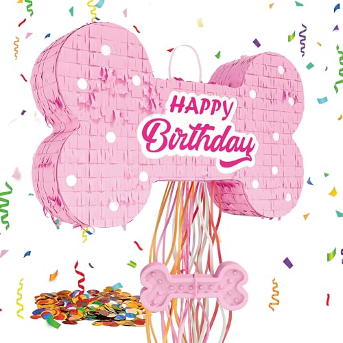 MUWOOB Hundeknochen-Piñata für Welpen, Geburtstagsparty-Dekorationen, Zugschnur, Pinata für Hunde-Motto-Partyzubehör, rosa Knochen (40,6 x 25,4 x 7,6 cm) von MUWOOB