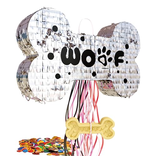 MUWOOB Hundeknochen-Piñata für Welpen, Geburtstagsparty-Dekorationen, Zugschnur, Pinata für Hunde-Motto-Partyzubehör, silberne Knochen (40,6 x 25,4 x 7,6 cm) von MUWOOB