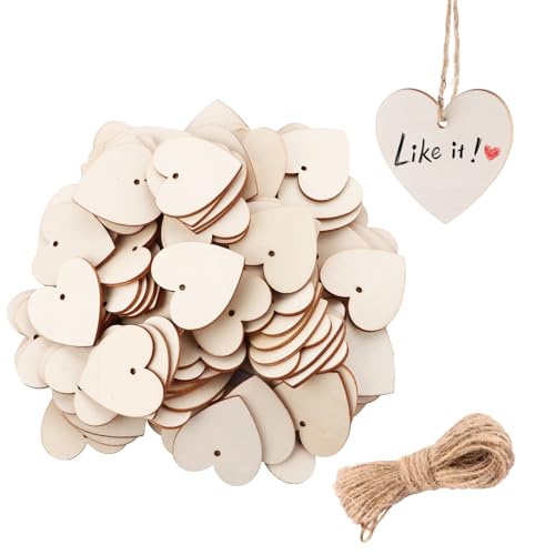 MUXHEL 300 Stück Holzherzen Zum Beschriften, 4 x 4cm Holzherzen Deko, Holz Herzen Klein, Herzdekoration Holz, mit 3 Stück 10m Jute Schnur, für Hochzeit, Party, Geschenkanhänger, Basteln von MUXHEL
