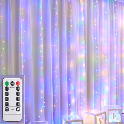 100LED Lichtervorhang Mehrfarbig, 3mx1m Lichterkettenvorhang USB 8 Modi LED Lichterkette mit 12 Haken Fernbedienung Timer verstellbare Helligkeit für Weihnachten Party Innen und außen Deko von MUXIJIA