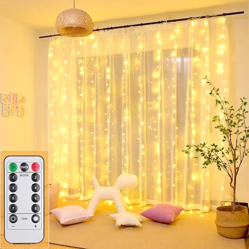 100LED Lichtervorhang Warmweiß, 3mx1m Lichterkettenvorhang USB 8 Modi LED Lichterkette mit 12 Haken Fernbedienung Timer verstellbare Helligkeit für Weihnachten Party Innen und außen Deko von MUXIJIA
