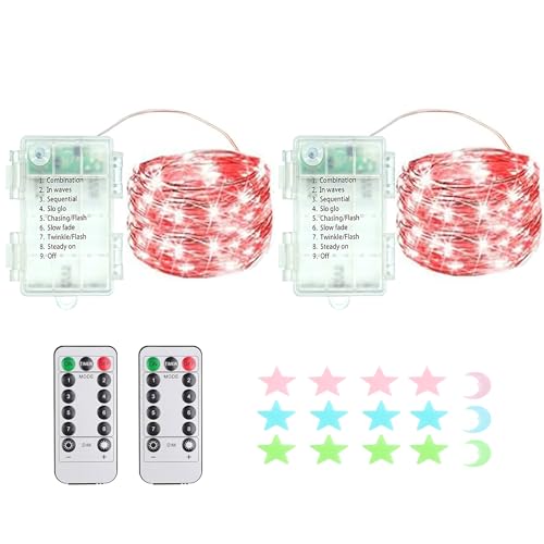 2 Stück LED Lichterkette, 50LED 5M / 17Ft 8 Modi, Batteriebetrieb lichterkette außen/innen Wasserdichte mit Fernbedienung für Schlafzimmer, Hof, Hochzeit, Weihnachten, DIY etc (rot) von MUXIJIA