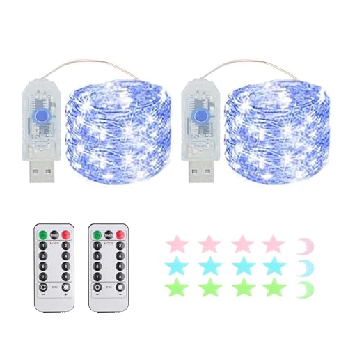 2 Stück LED Lichterkette, 50LED 5M / 17Ft 8 Modi USB lichterkette außen/innen Wasserdichte mit Fernbedienung für Schlafzimmer, Hof, Hochzeit, Weihnachten, DIY etc (blau) von MUXIJIA