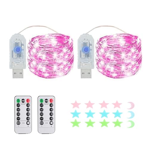 2 Stück LED Lichterkette, 50LED 5M / 17Ft 8 Modi USB lichterkette außen/innen Wasserdichte mit Fernbedienung für Schlafzimmer, Hof, Hochzeit, Weihnachten, DIY etc (rosa) von MUXIJIA