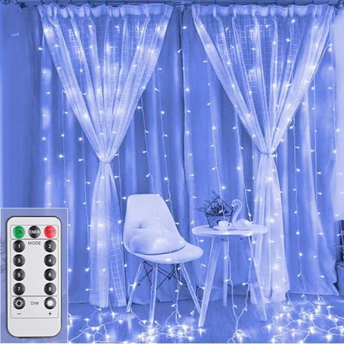 200LED Lichtervorhang Blau, 3mx2m Lichterkettenvorhang USB 8 Modi LED Lichterkette mit 12 Haken Fernbedienung Timer verstellbare Helligkeit für Weihnachten Party Innen und außen Deko von MUXIJIA