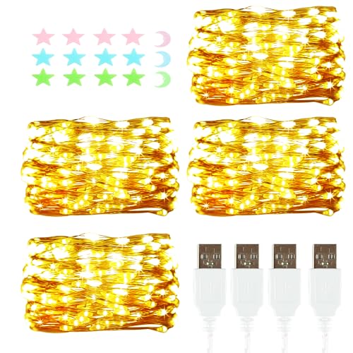 4 Stück LED Lichterkette, 20LED 5M / 16.4Ft USB lichterkette außen/innen Wasserdichte für Schlafzimmer, Hof, Hochzeit, Weihnachten, DIY etc (Warmes Gelb) von MUXIJIA