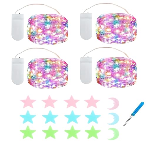 MUXIJIA 4x20er Mini Lichterkette Innen Außen Batterie mit Sterne Mond Fluoreszierende Wandsticker für Party Garten Hochzeit Weihnachten Beleuchtung Deko (2.1 metre/6.89 Ft Mehrfarbig) von MUXIJIA
