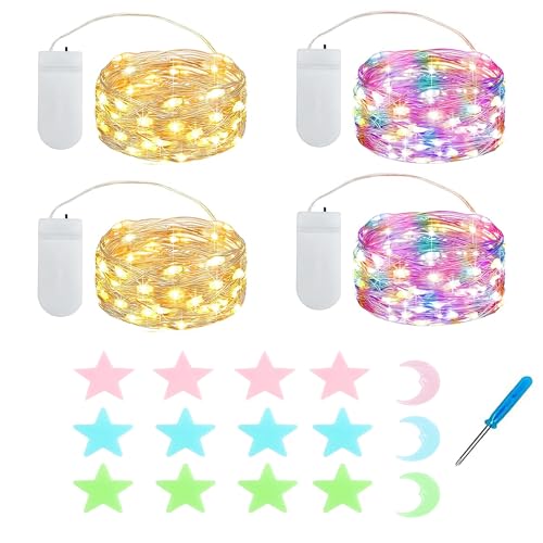 MUXIJIA 4x20er Mini Lichterkette Innen Außen Batterie mit Sterne Mond Fluoreszierende Wandsticker für Party Garten Hochzeit Weihnachten Beleuchtung Deko (2.1 metre/6.89 Ft Mehrfarbig Warmweiß) von MUXIJIA