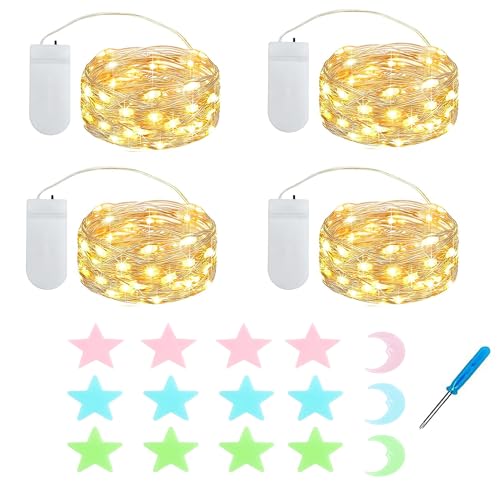 MUXIJIA 4x20er Mini Lichterkette Innen Außen Batterie mit Sterne Mond Fluoreszierende Wandsticker für Party Garten Hochzeit Weihnachten Beleuchtung Deko (2.1 metre/6.89 Ft Warmweiß) von MUXIJIA