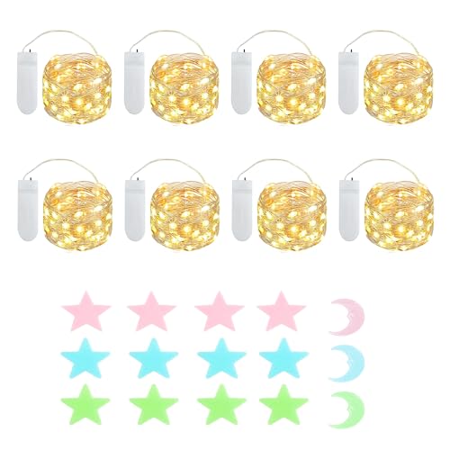 MUXIJIA 8x20er LED Mini Lichterkette Innen Außen mit Batterie für Party Hochzeit Weihnachten Beleuchtung Deko Geschenk, mit Sterne Fluoreszierende Wandsticker(2.1 metre/6.89 Ft Warmweiß) von MUXIJIA