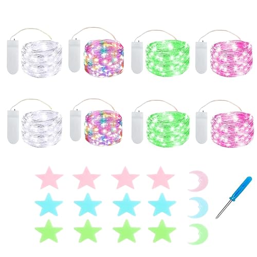 MUXIJIA 8x20er Mini Lichterkette Innen Außen Batterie mit Sterne Mond Fluoreszierende Wandsticker für Party Garten Hochzeit Weihnachten Beleuchtung Deko (2.1 metre/6.89 Ft 4 Farben) von MUXIJIA