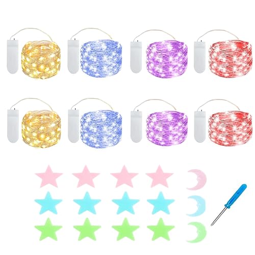 MUXIJIA 8x20er Mini Lichterkette Innen Außen Batterie mit Sterne Mond Fluoreszierende Wandsticker für Party Garten Hochzeit Weihnachten Beleuchtung Deko (2.1 metre/6.89 Ft 4 Farben) von MUXIJIA