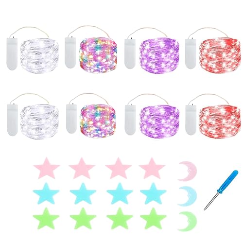 MUXIJIA 8x20er Mini Lichterkette Innen Außen Batterie mit Sterne Mond Fluoreszierende Wandsticker für Party Garten Hochzeit Weihnachten Beleuchtung Deko (2.1 metre/6.89 Ft 4 Farben) von MUXIJIA