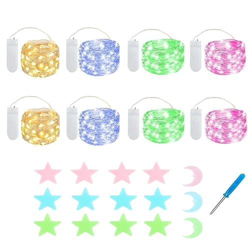 MUXIJIA 8x20er Mini Lichterkette Innen Außen Batterie mit Sterne Mond Fluoreszierende Wandsticker für Party Garten Hochzeit Weihnachten Beleuchtung Deko (2.1 metre/6.89 Ft 4 Farben) von MUXIJIA