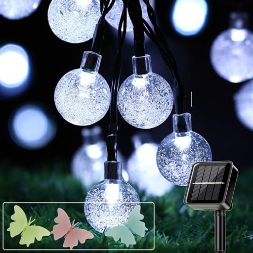 MUXIJIA Solar Lichterkette Kristallkugel Außen Wasserdicht 12M/ 100 LEDs 8 Modi Solar Lichterkette Außen für Garten, Terrasse, Balkon, Partys（Weiß） von MUXIJIA